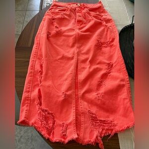 Distressed Coral Pencil Skirt with Frayed Hem